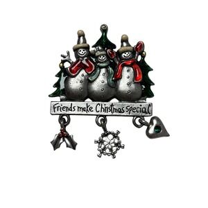 Vintage AJMC Pewter‎ Snowman Christmas Pin Brooch With Dangling Charms